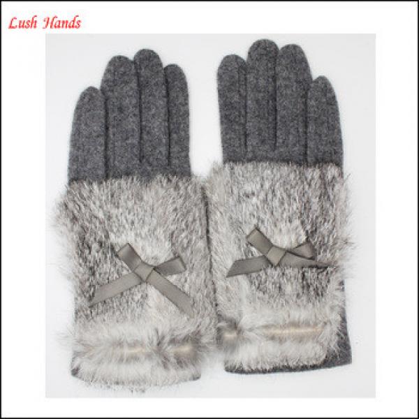 Hot selling ladies woolen gloves with real rabbit fur cuff #1 image